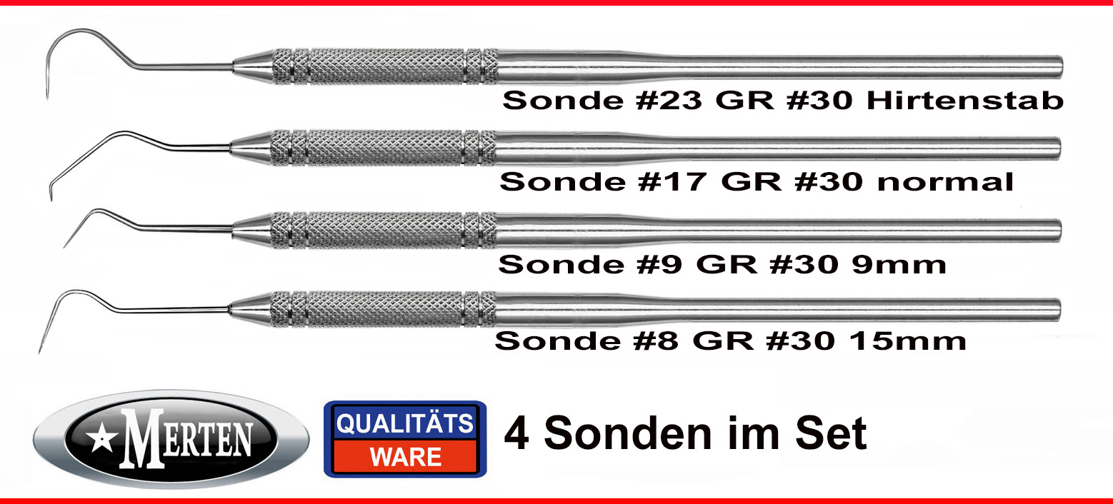 4 zahnmedizinische Sonden im Set  -  mit Rundgriff 16 cm lang