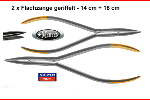 2 x Flachspitzzange Zahntechnik geriffelt - dental  14 + 16 cm  1,5 mm Spitze