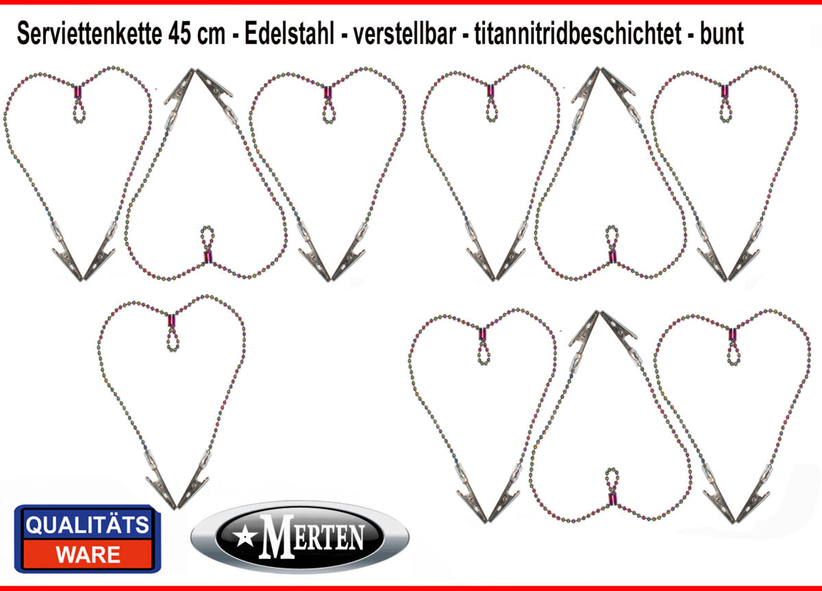 10 x Serviettenkette verstellbar Lätzchenkette -Edelstahl TiNi bunt beschichtet