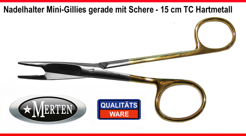 Mini Gillies Nadelhalter Edelstahl mit  Schere TC Hartmetall  15 cm
