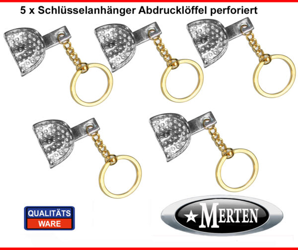 5 Schlüsselanhänger  Abdrucklöffel  perforiert - Zahnarzt - Kettchen goldfarben