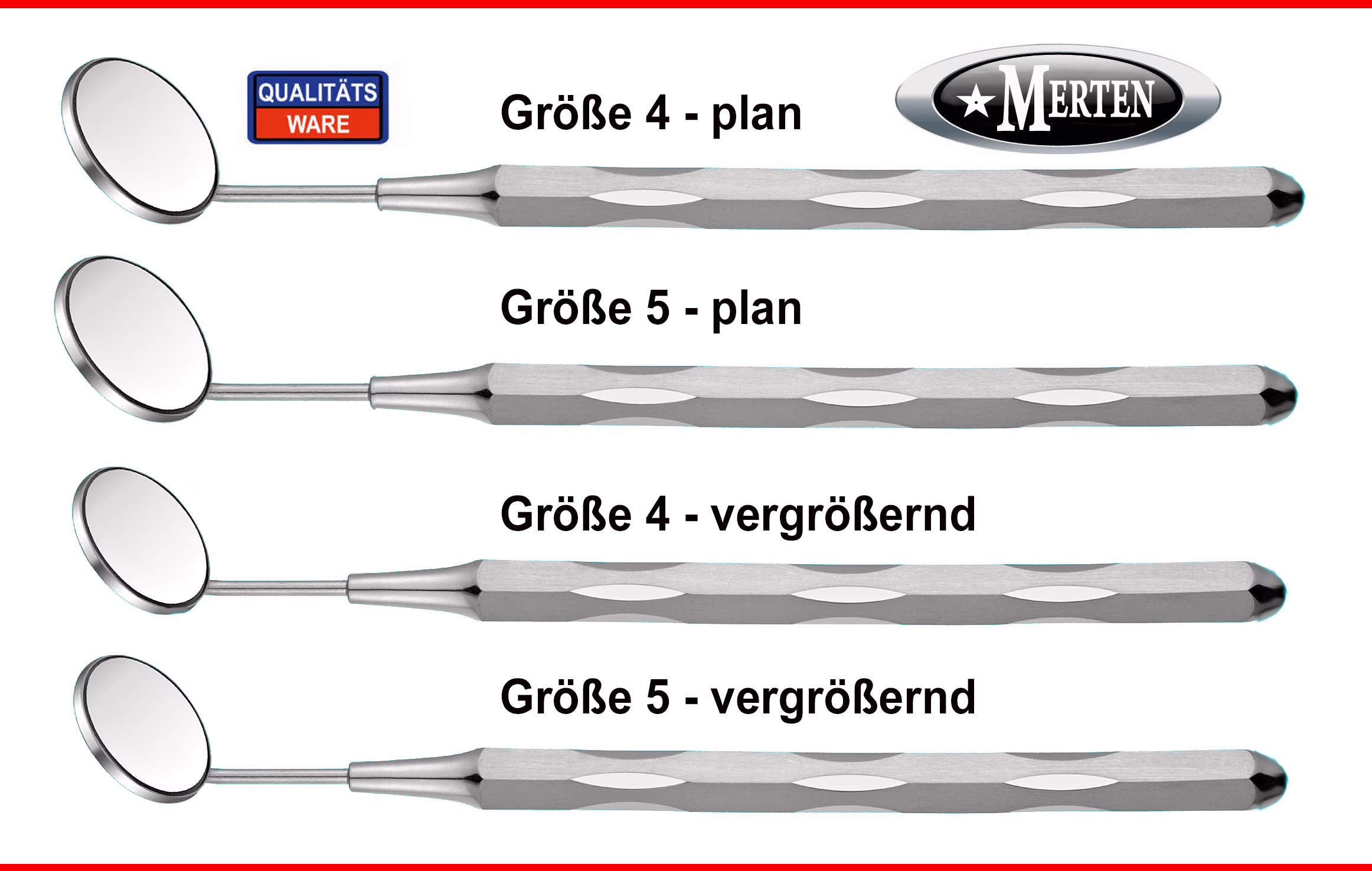 4 Mundspiegel Set – 2 x vergrößernd – 2 x normal – Front Surface – Rhodium